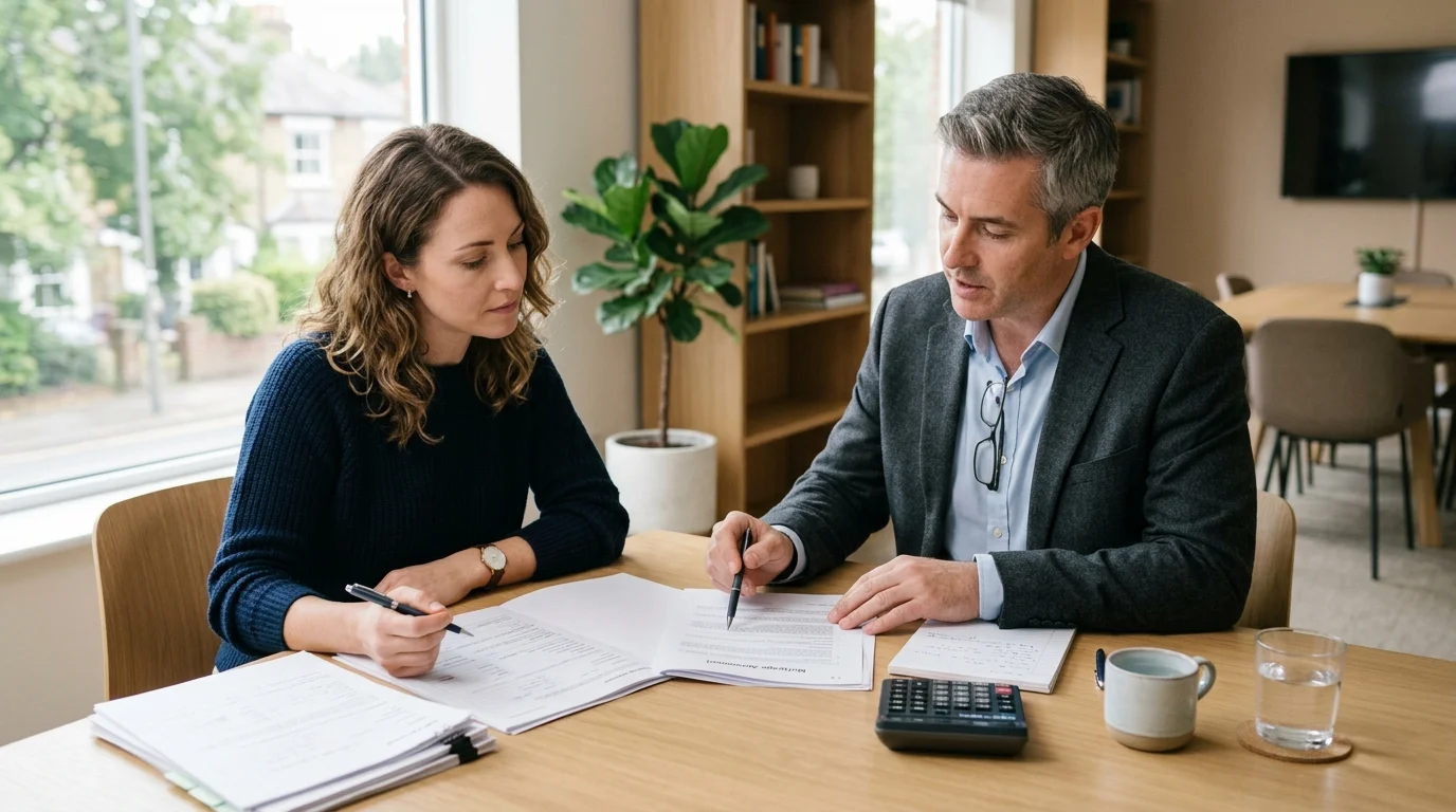 Person reviewing mortgage documents at a bank desk