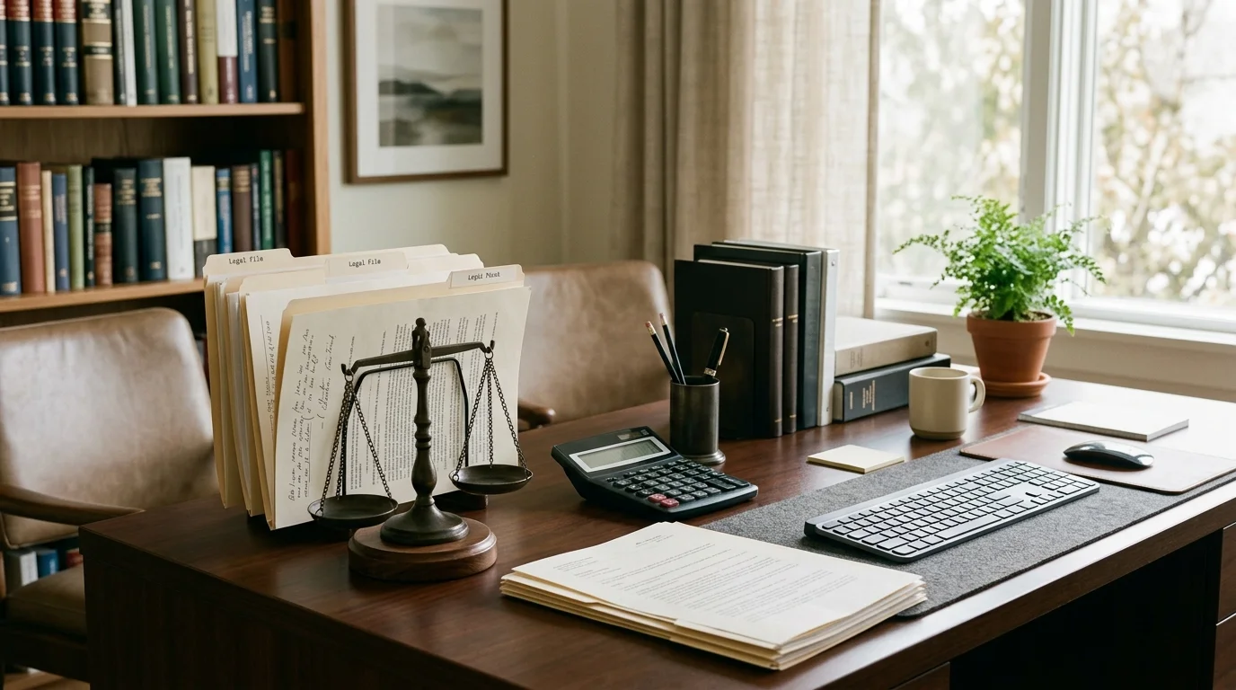 Legal office scene with documents and calculator representing debt distribution in bankruptcy