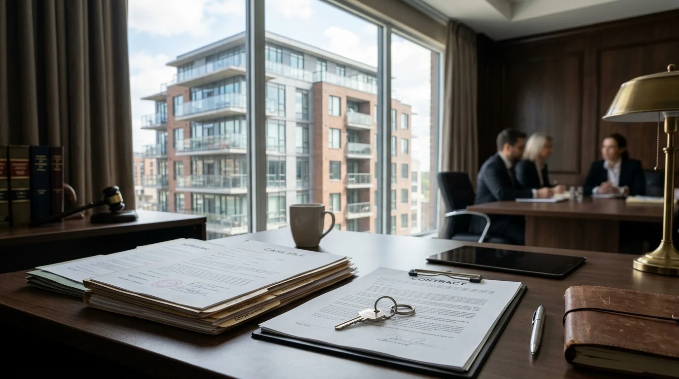 Russian apartment building with legal papers and a home key on a desk, representing bankruptcy and housing protection
